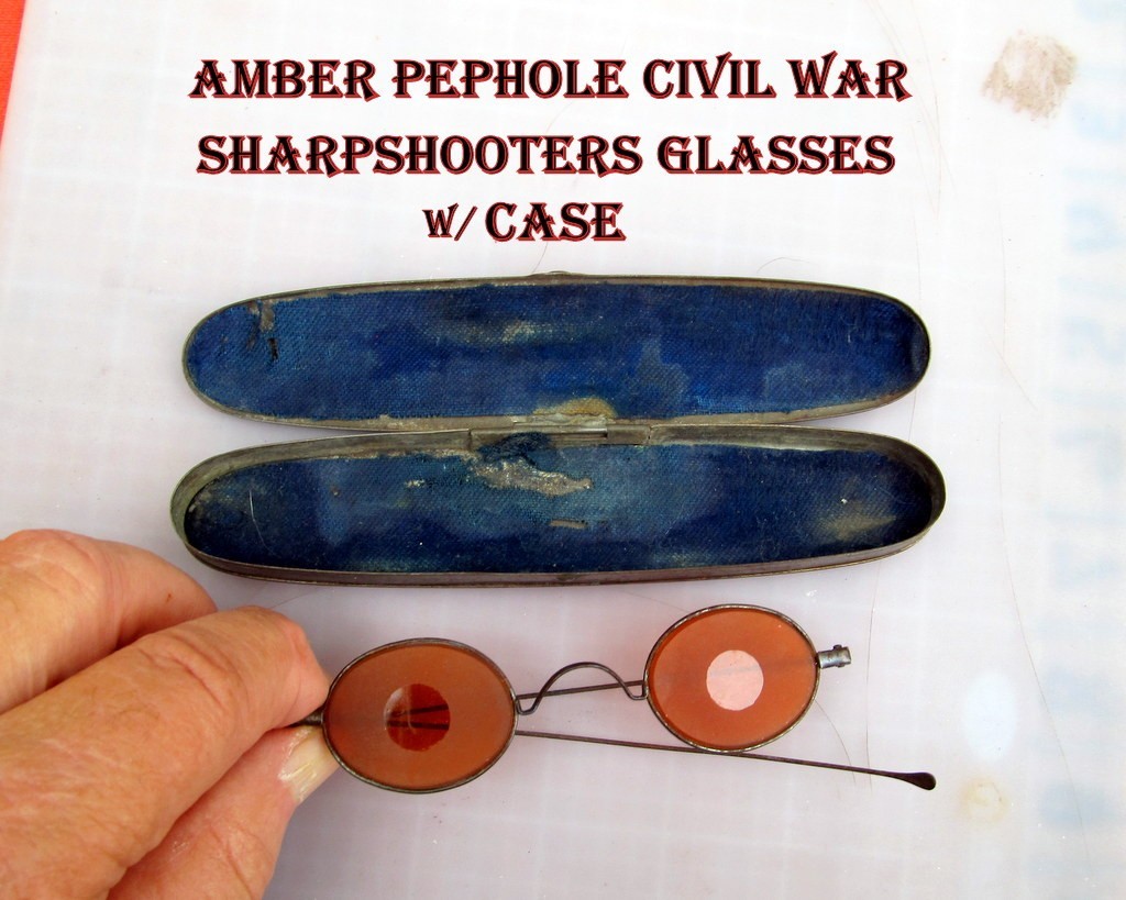 Frosted Amber Civil War Sharpshooter Glasses w/ Case Frosted Lens Wire Rims