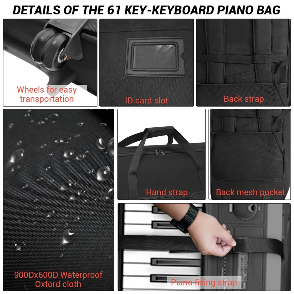 Padded 76-Key Keyboard Case with Wheels, Straps Accessory Pockets