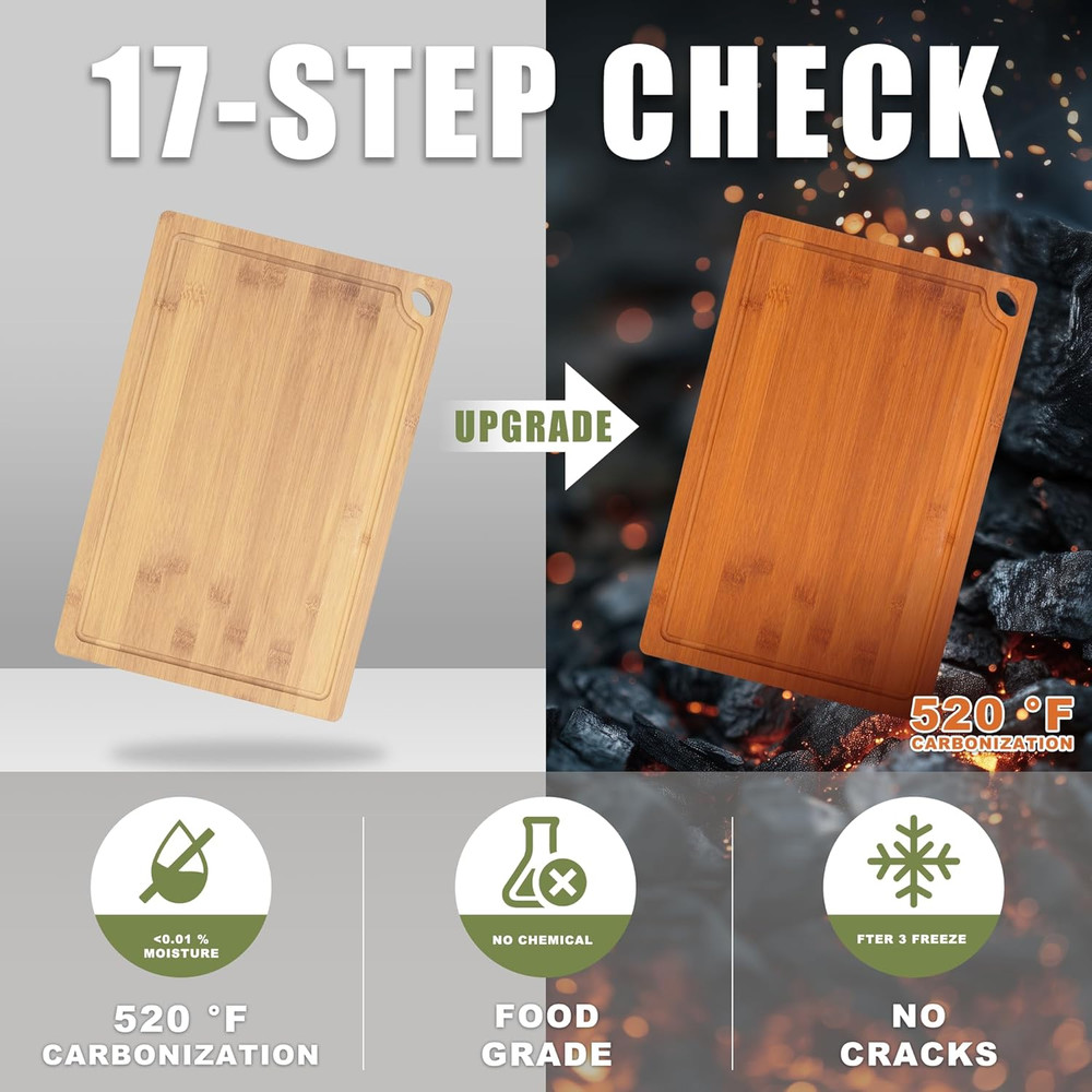 3-Piece Organic Bamboo Cutting Board Set for Kitchen - Carbonized Extra Sturdy C