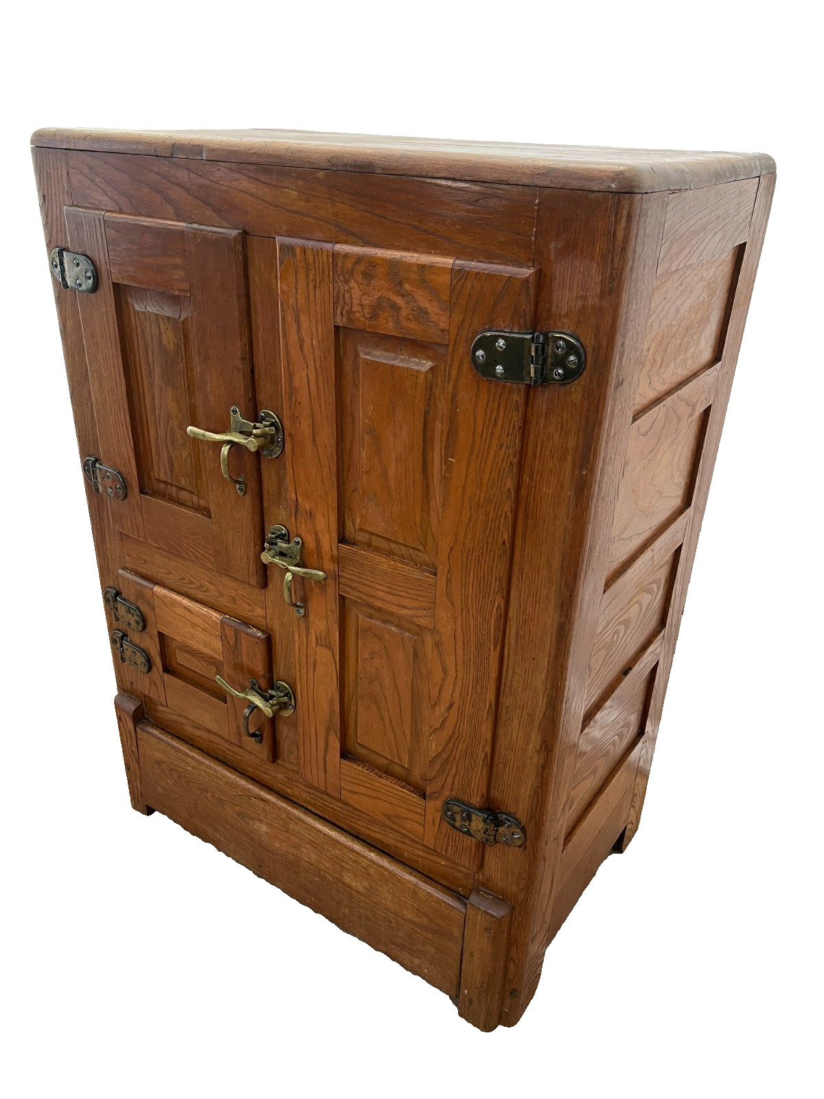 Antique Ice Box Three storage cabinets, Oak, Brass latches, Three Racks, 1920's
