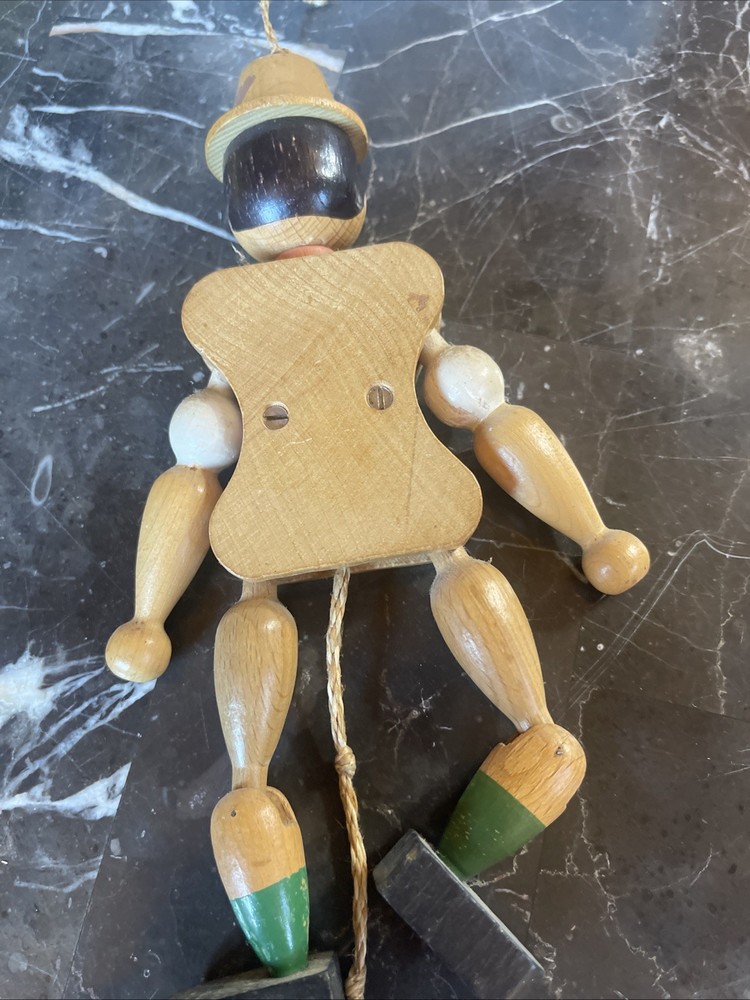 Vintage Boy Hand Painted Wooden Jumping Jack Pull String Puppet 7" Works*
