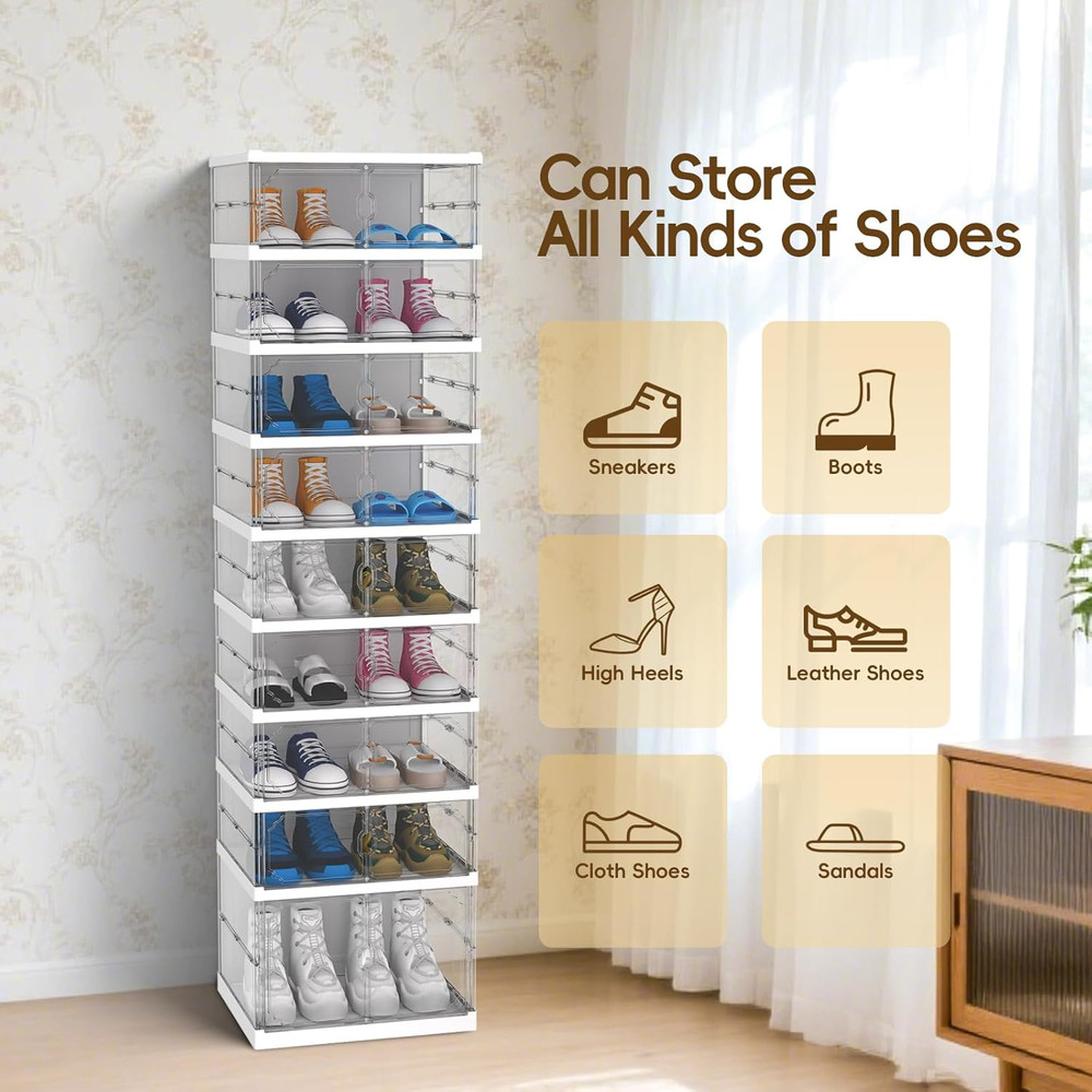 9-Tier Foldable Shoe Rack with Magnetic Doors - Space-Saving Organizer