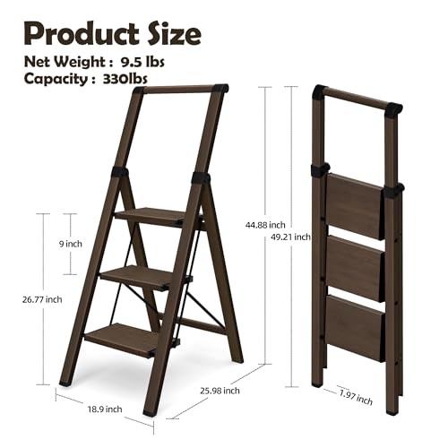 3 Step Foldable Aluminum Step Ladder with 3 Step With Handrail Walnut