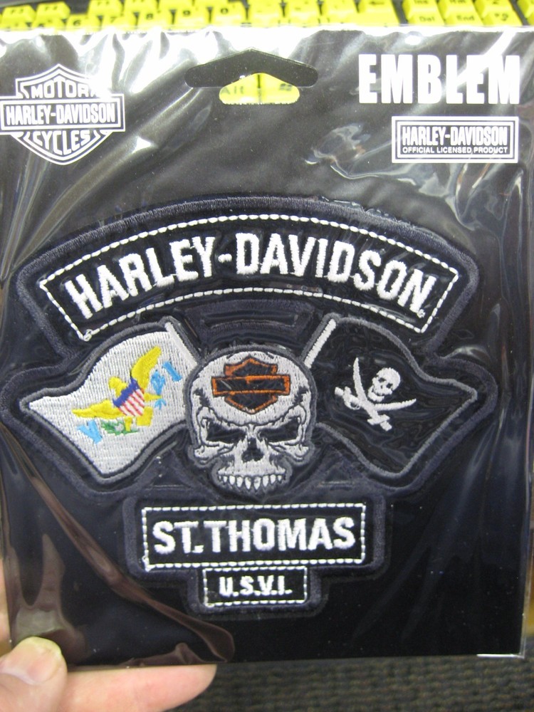 Harley Davidson Emblem 5" Sew On Patch - Caribbean St. Thomas Skull & Flags