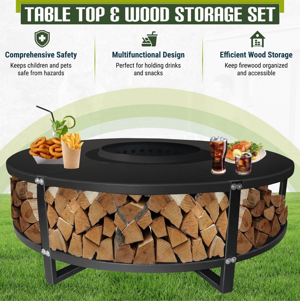 FEBTECH 21.6" Smokeless Fire Pit with Round Tabletop & Firewood Storage Shelf