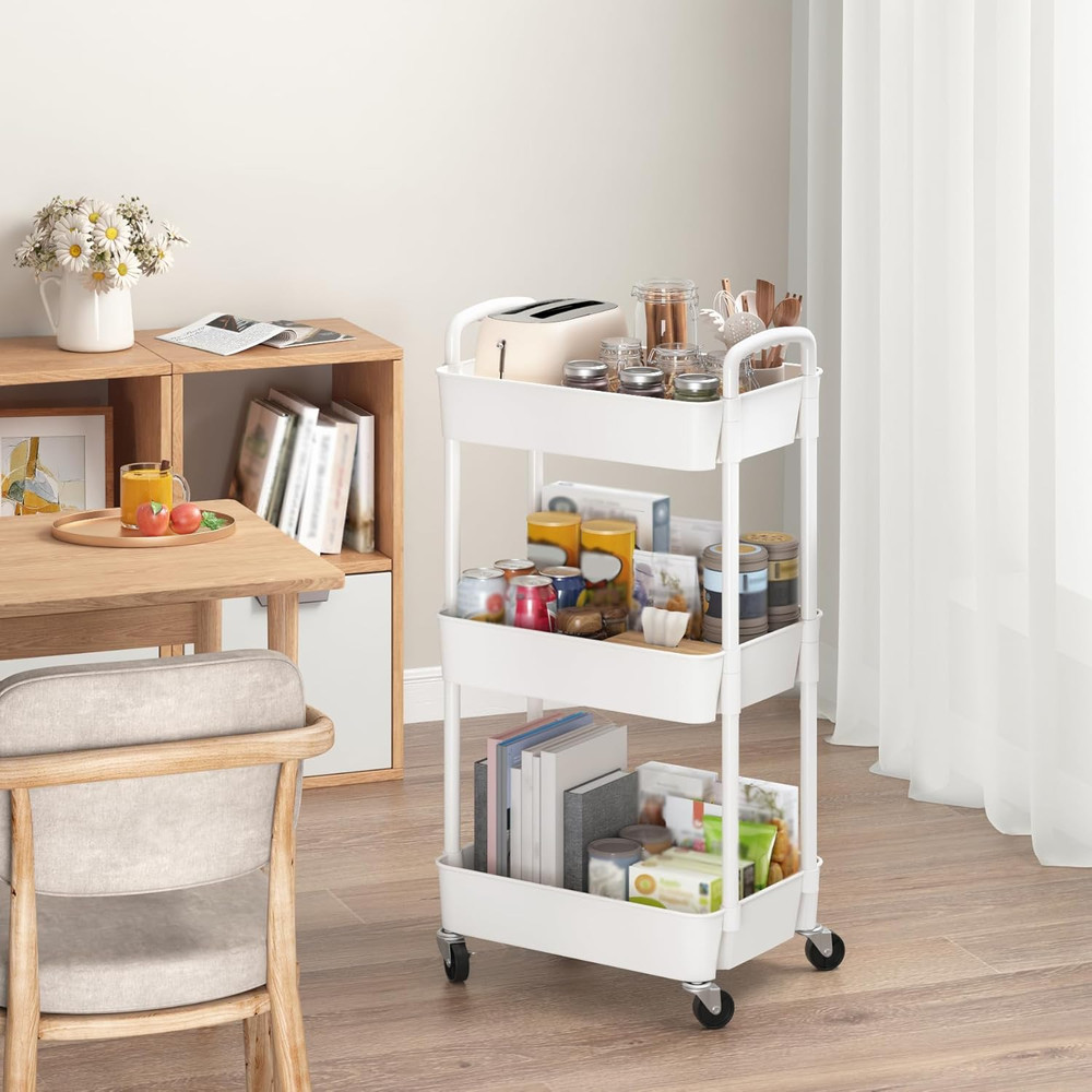 3-Tier Plastic Rolling Utility Cart with Handle, Multi-Functional Storage Trolle