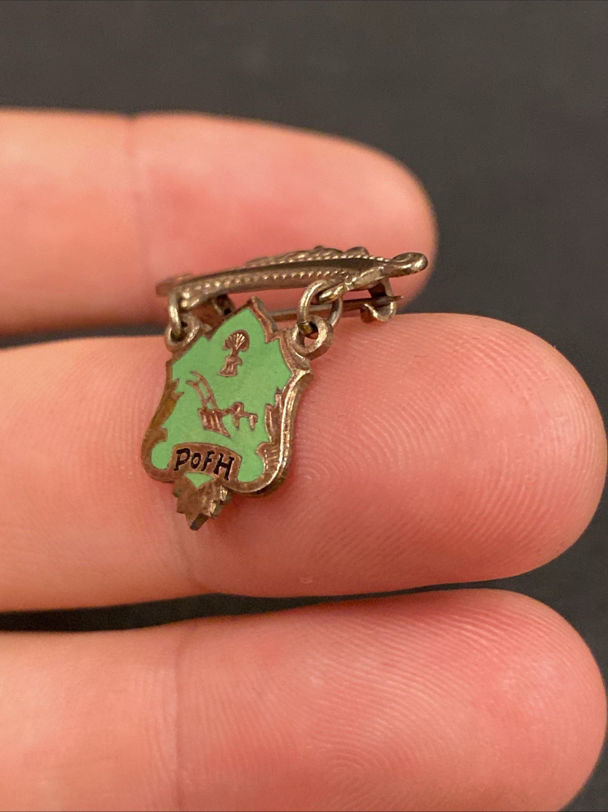 Vtg Antique P of H Patron Of Husbandry Green Enamel Dangle Shield Crest Logo Pin