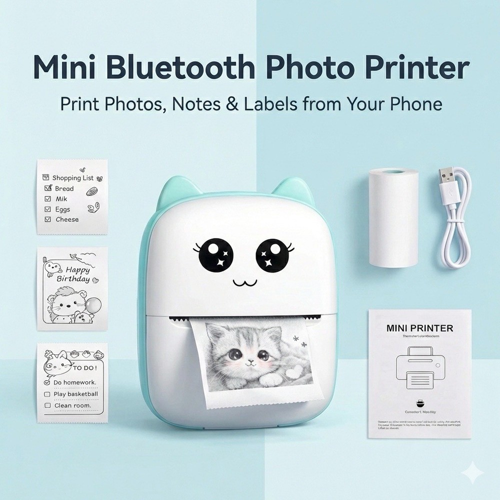Mini Cat Thermal Printer Bluetooth – Photos, Labels, Notes – iOS/Android