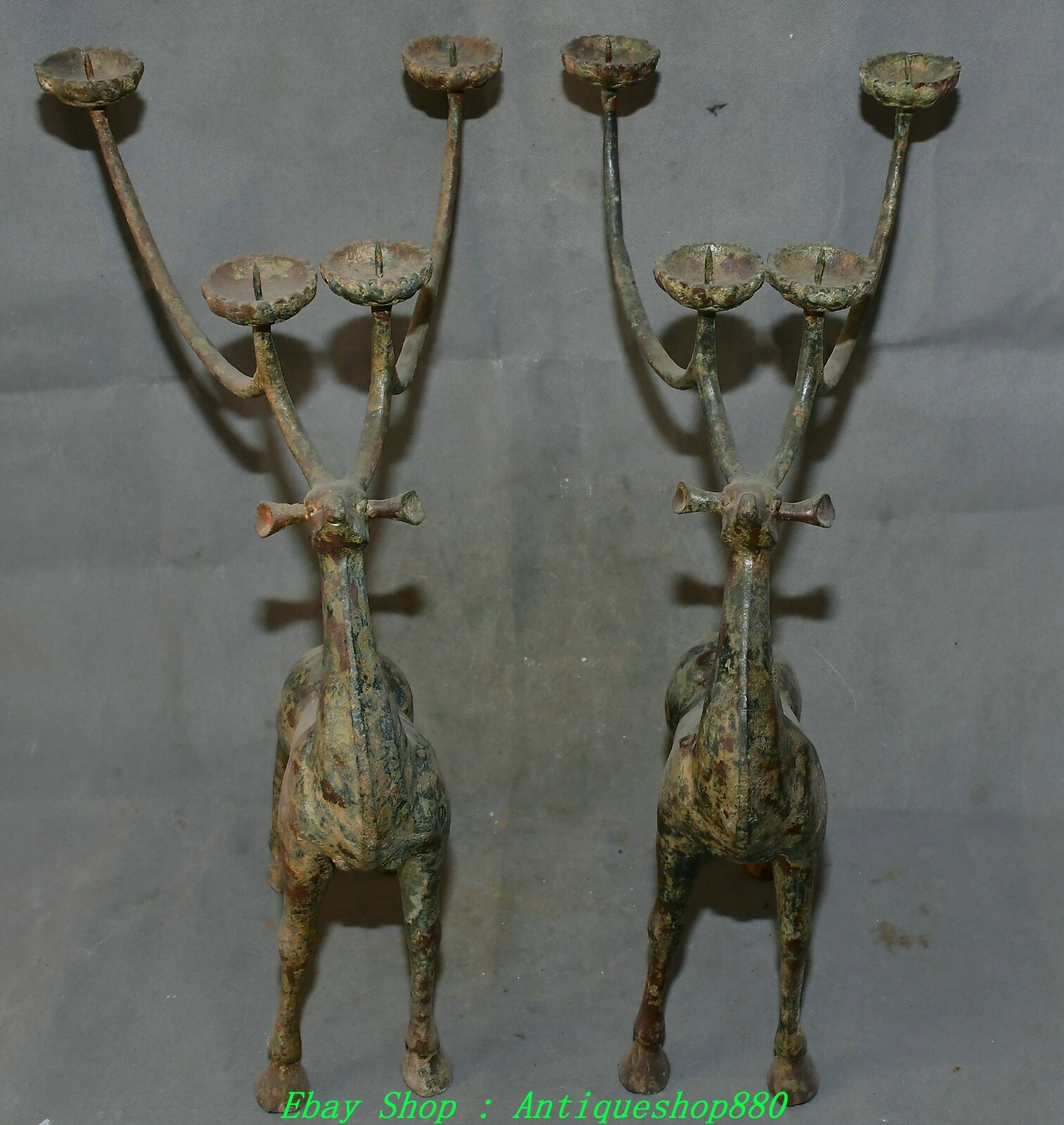 20.8'' Old China Dynasty Bronze Ware Deer Candle Holder Candlestick Statue Pair