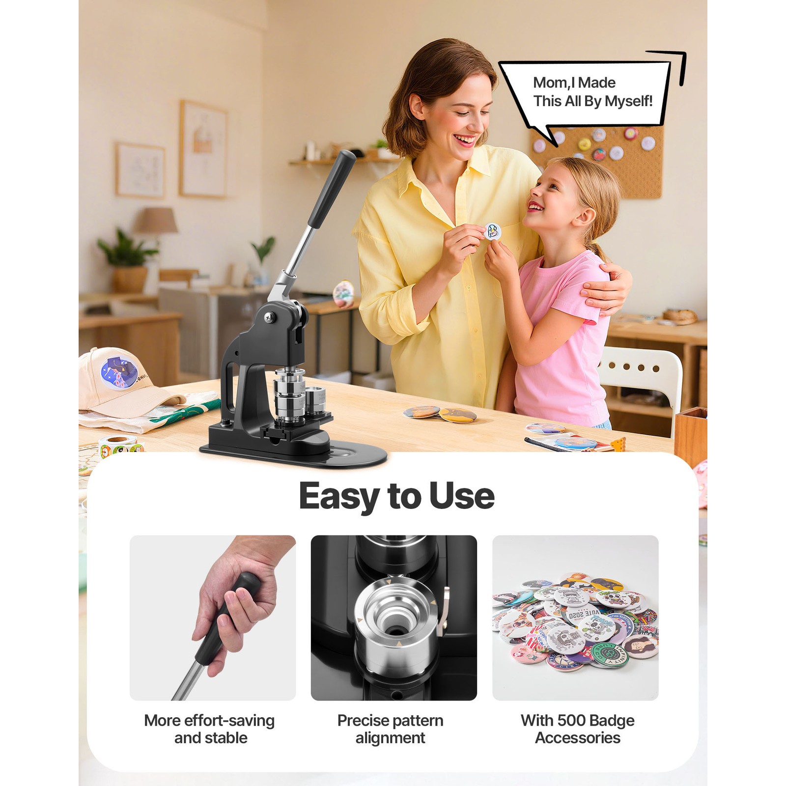 Uimoso Button Maker Machine 1 in with 500pcs Pin Parts Black