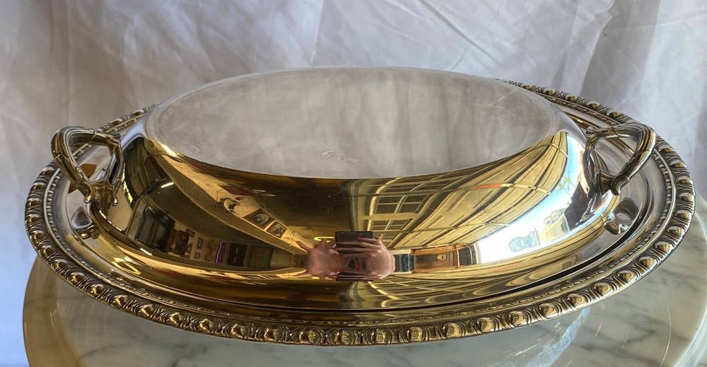 Oval Silverplate Covered Serving Dish Handles Beaded Edge