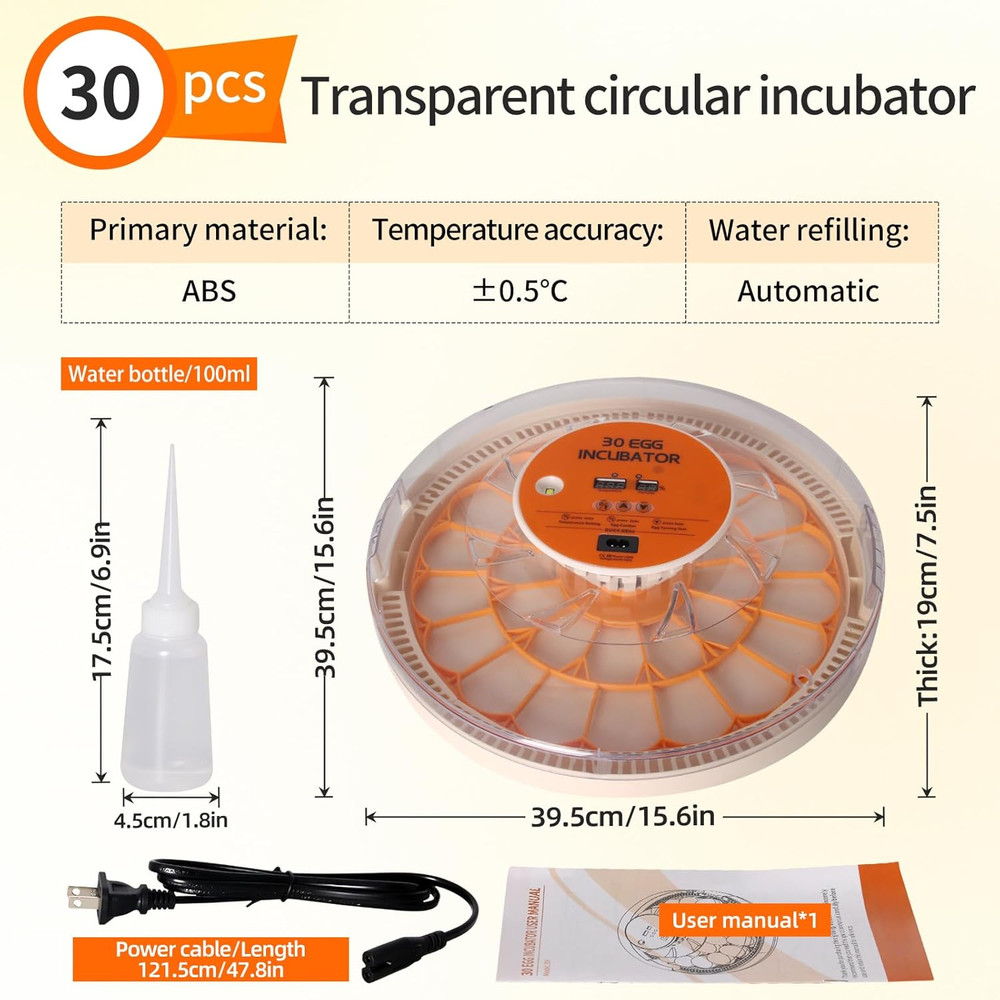 30 Egg Automatic Incubator with Thermometer, Humidity Control & Egg Candler