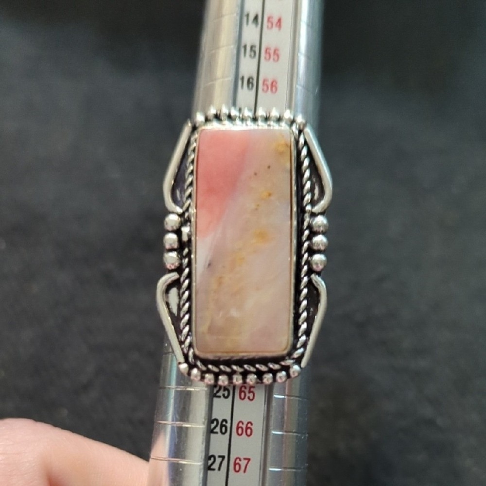 Silver Plated Pink Peach Cobra Jasper Gemstone Rectangular Statement Ring - 9.5