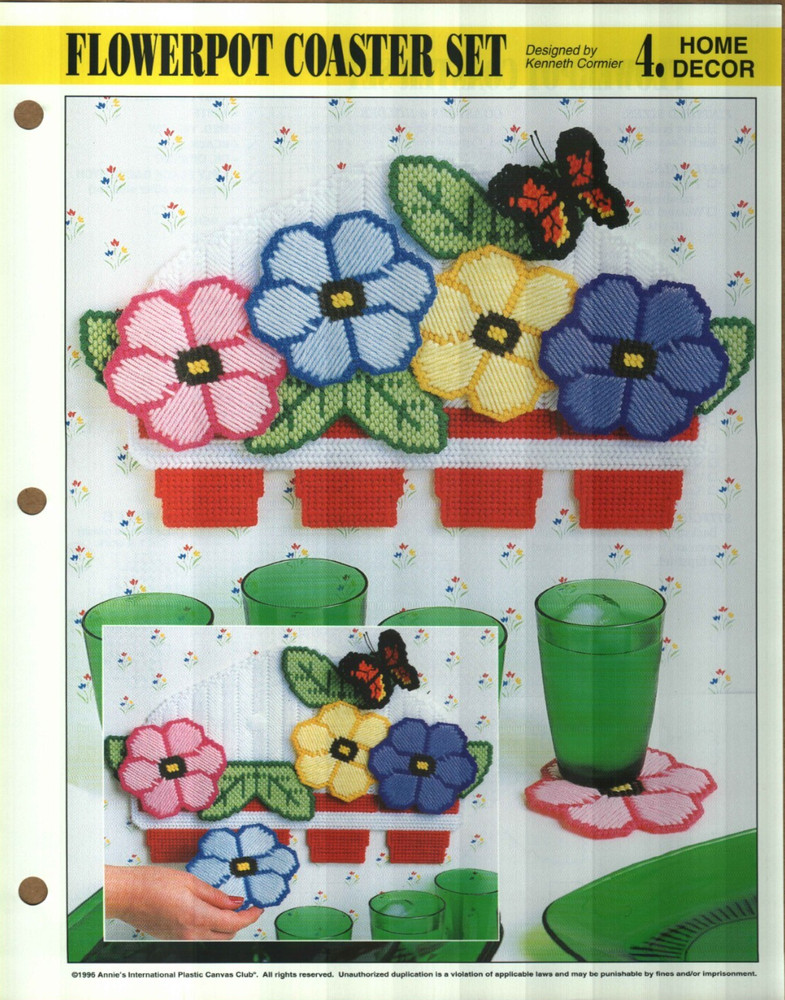 NEW FLOWERPOT COASTER SET ANNIE'S PLASTIC CANVAS PATTERN INSTRUCTIONS