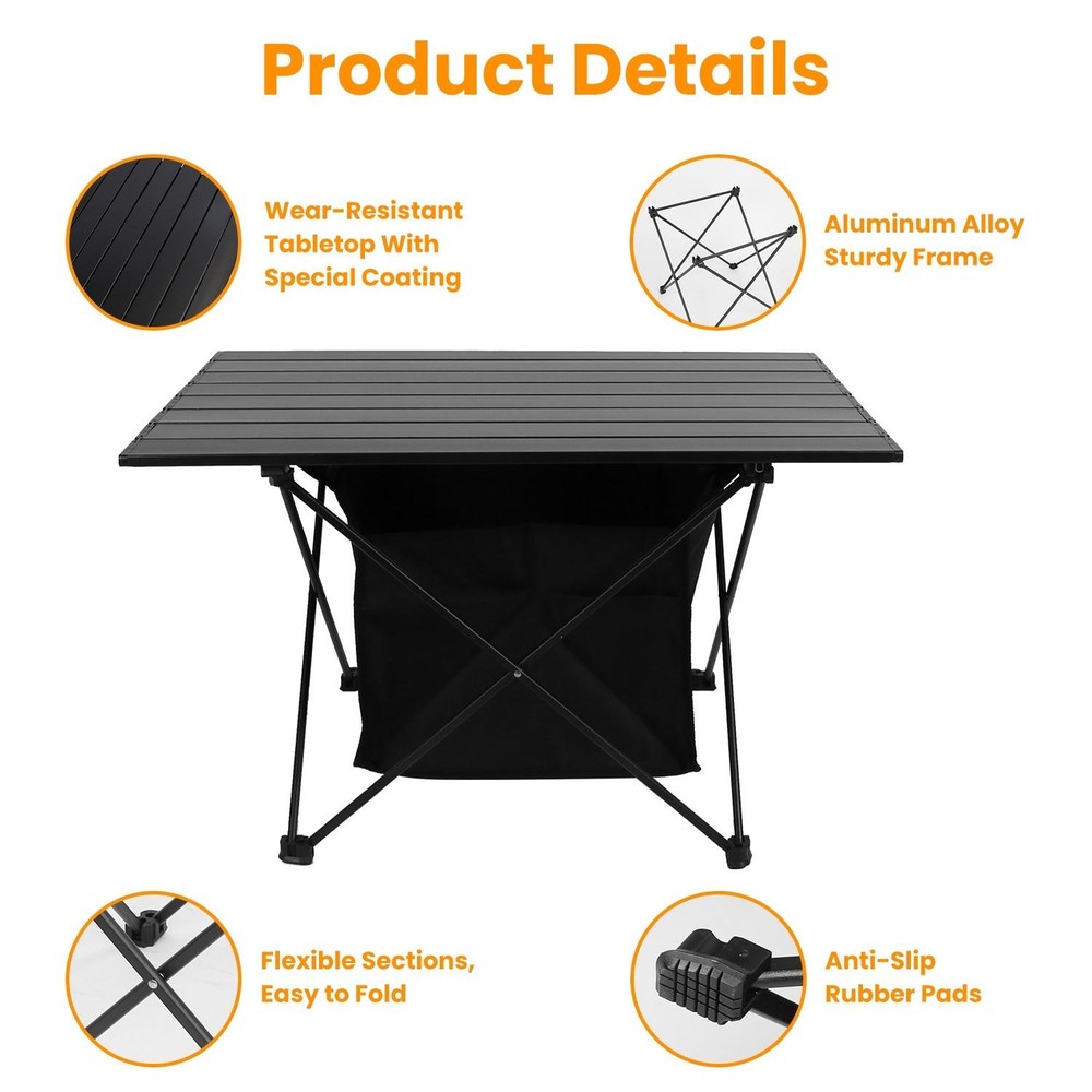 Foldable Camping Table Rustproof Portable Aluminum Alloy Roll-Up Table w/ Basket
