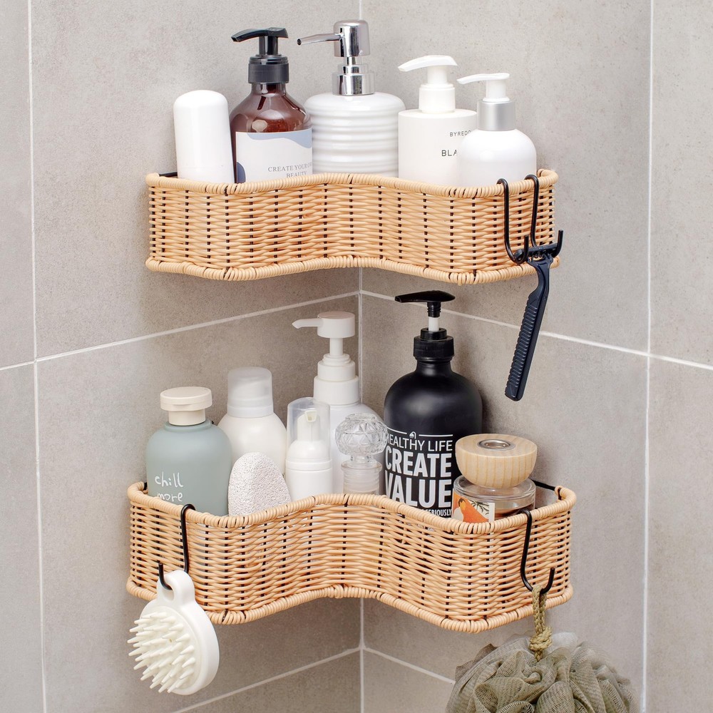 Corner Shower Caddy, 2 Pack Rustproof Corner Shelves, Wicker Shower Organizer...