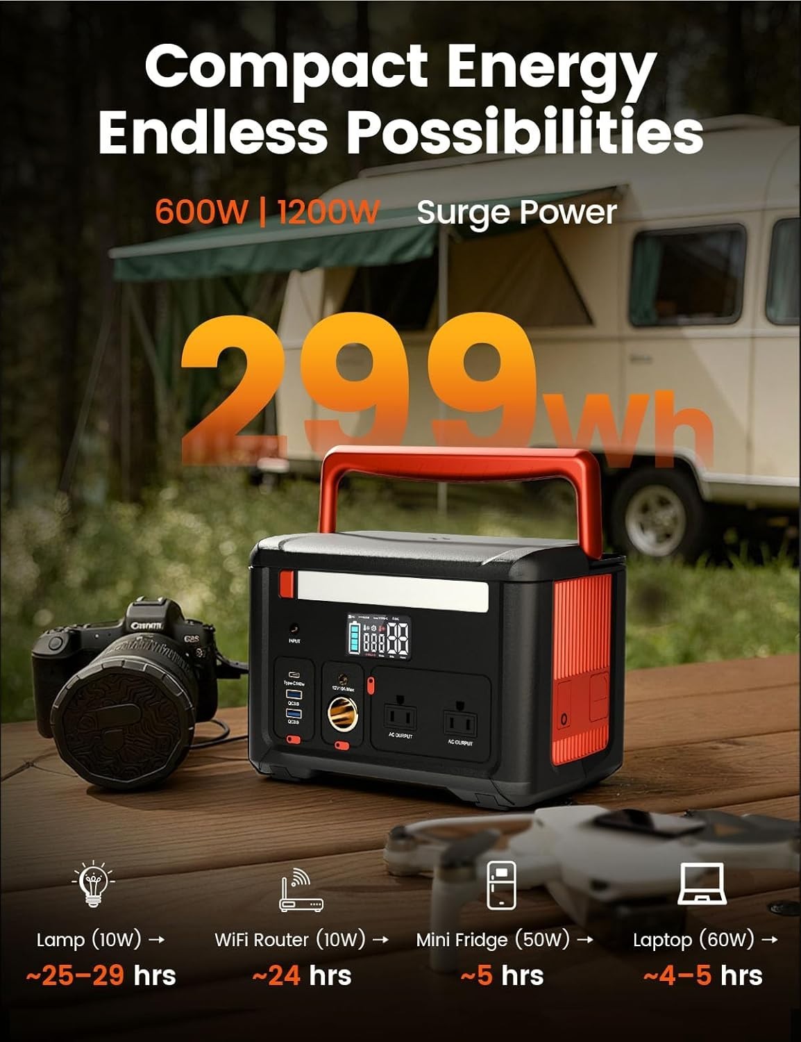 600W Portable Power Station 299Wh, 1200W Surge,Generator with 2 AC Outlets & 140
