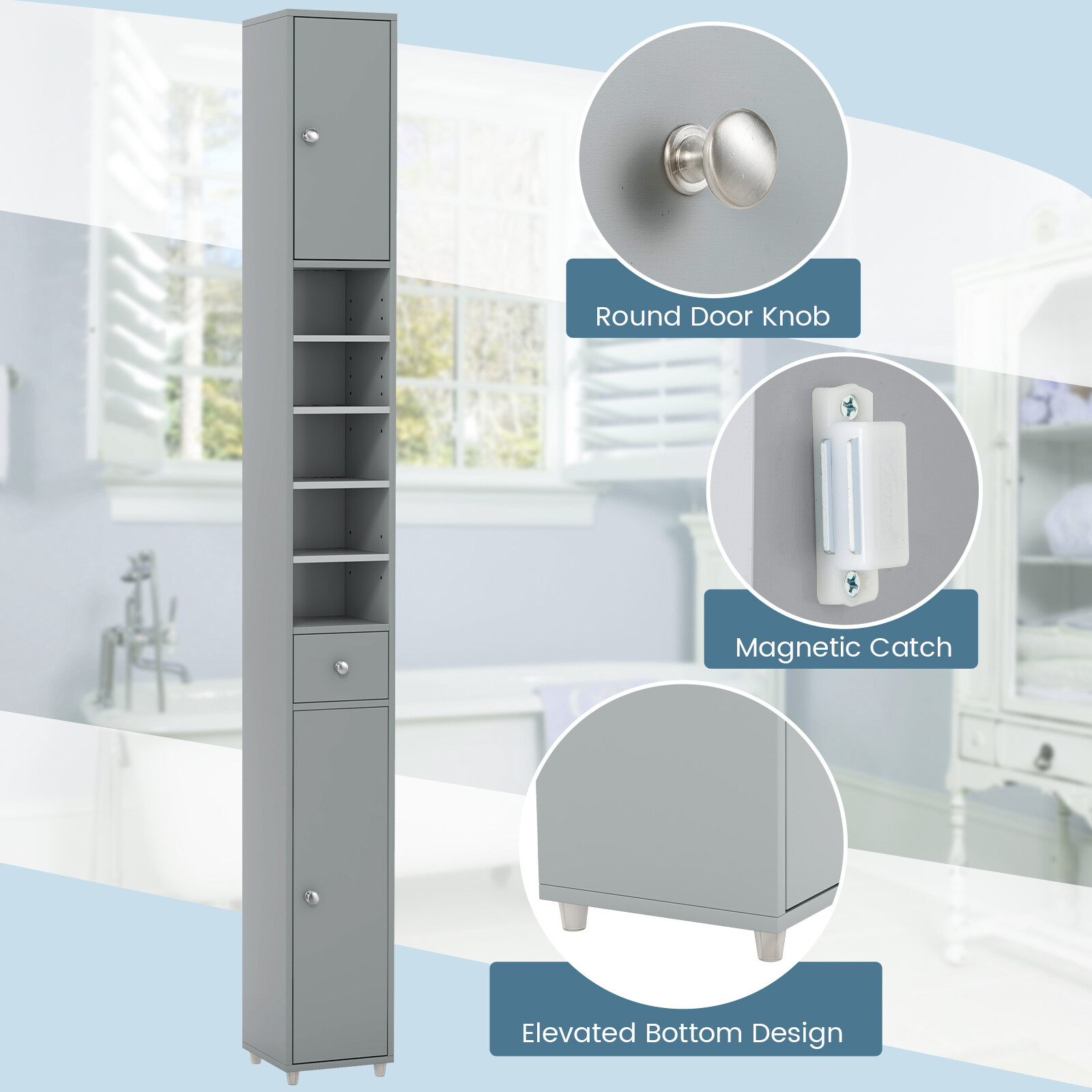 Tall Slim Bathroom Storage Cabinet Linen Tower w/Drawer Adjustable Shelves Gray