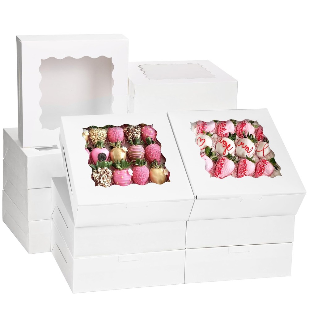 30pcs Bakery Boxes, 8x8x2.5 Cookie Boxes with Window, White Treat Containers