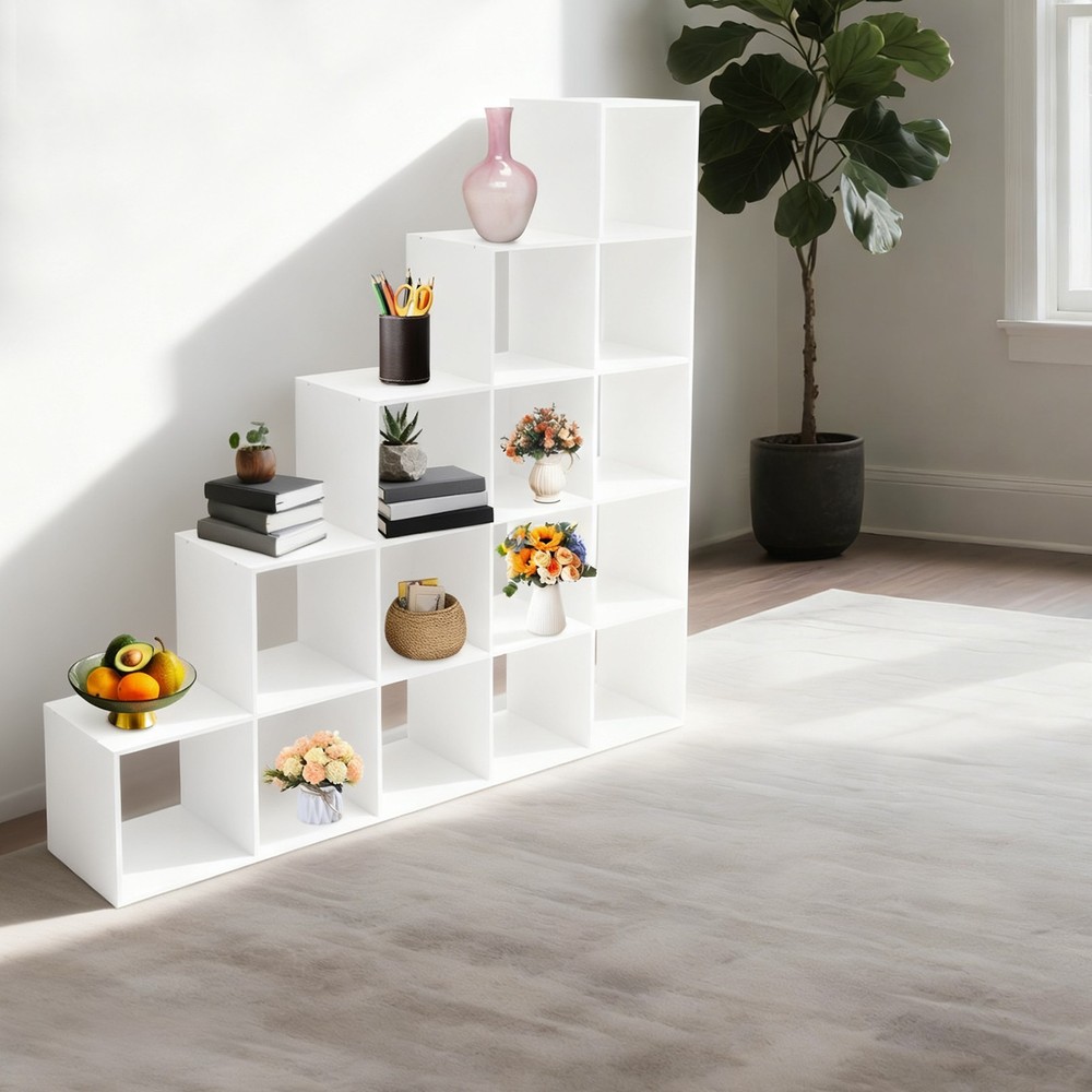 L-Shaped Corner Shelf White Ladder Cube Storage Bookcase 15-Cube Organizer