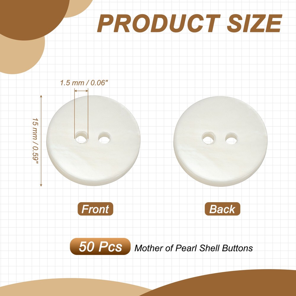 Natural Shell Button 2 Hole Shell Round Sewing Buttons 15 mm & 50 Pack & White