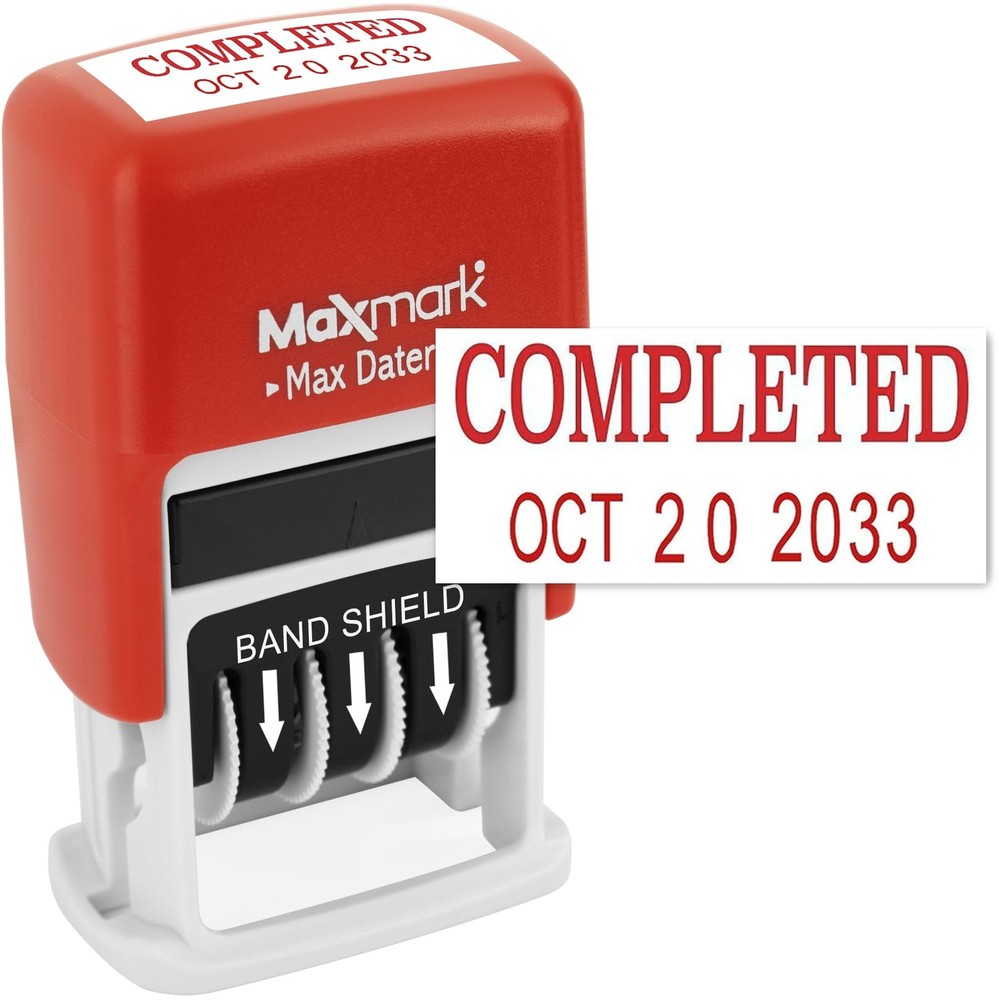 Self-Inking Rubber Date Office Stamp with Completed Phrase & Date - RED Ink M...