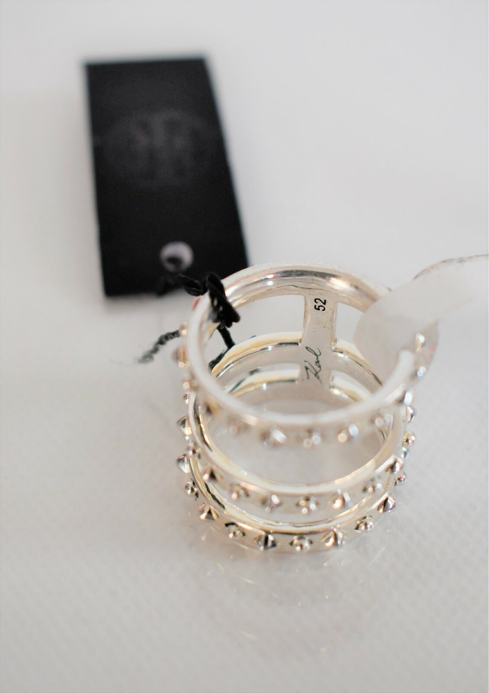 New Auth KARL LAGERFELD Paris Silver-Toned TRIPLE STACK RING Ring 52 US-6