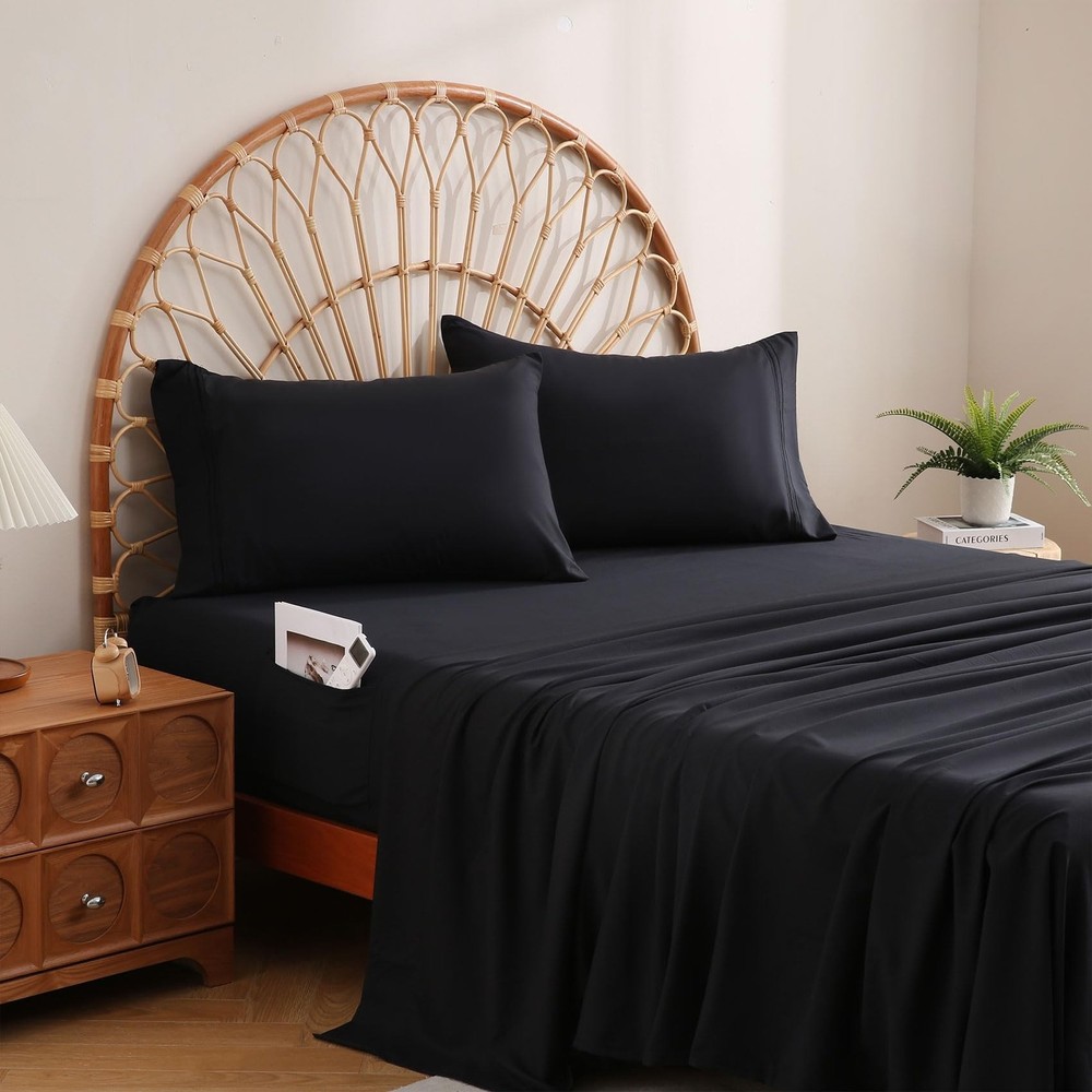 JSD Black Queen Sheet Set with Side Pocket Corner Straps, 4 Piece Soft Microf...
