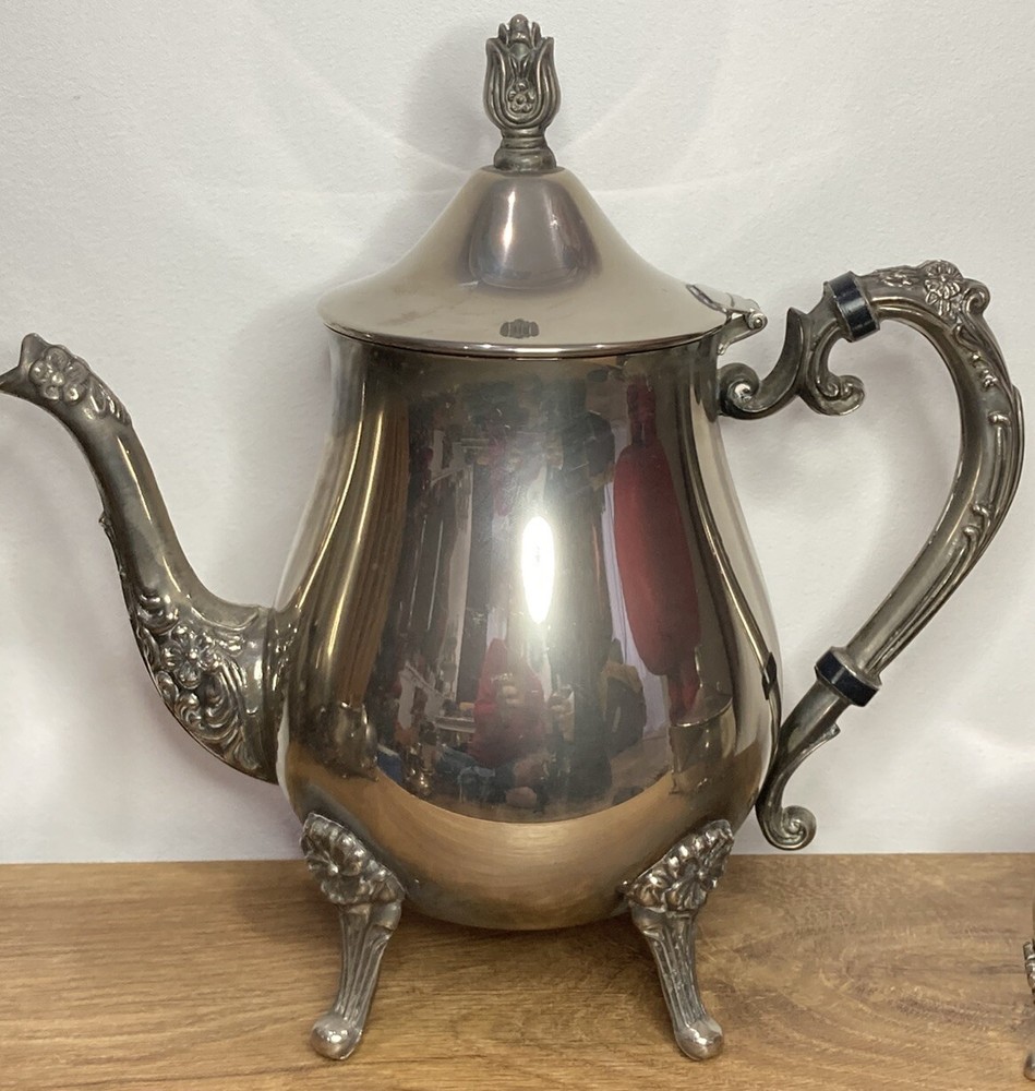 Tea & Coffee Set 4pc Ornate Embossed Flower Design Silver Plated