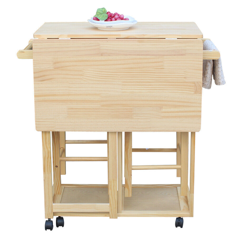 Kitchen Square Solid Wood Folding Rolling Dining Cart with 2 Free Stools Natural