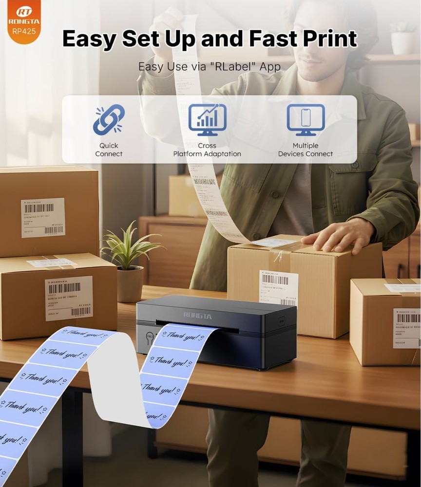 Rongta Thermal Wireless 4x6 Bluetooth Shipping Label Printer, Black