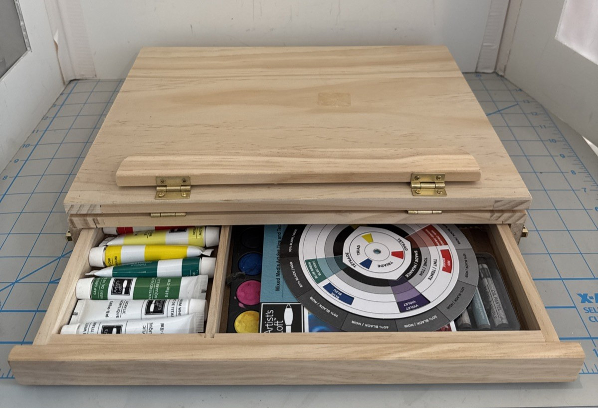 Solid Artist Wood Desk Table Easel Box, Storage Drawer, Art Paint Supplies
