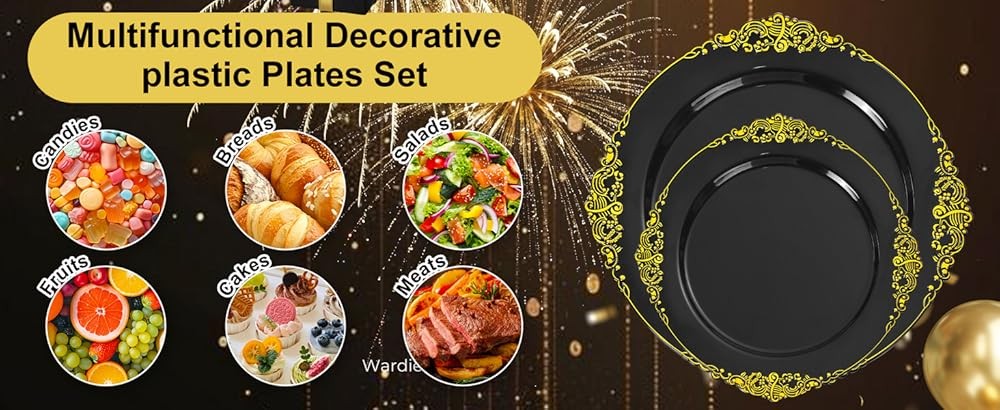 Bla and Gold Plastic Plates - Bla Disposable Dinnerware Set - Vinta