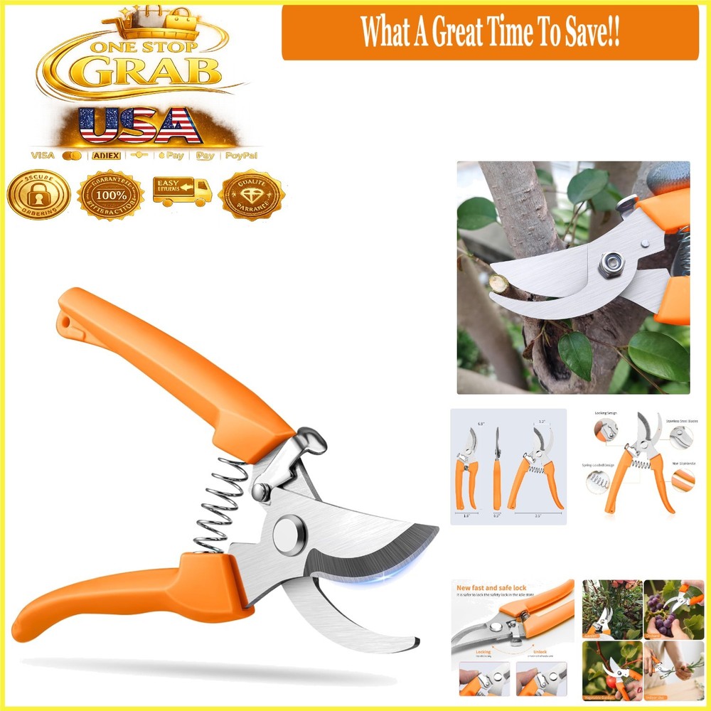 Orange Garden Shears Sharp Stainless Steel 6.9" Pruning Scissors