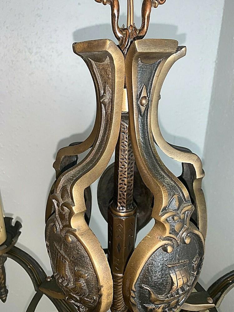 1930's HIGH QUALITY 5 LIGHT SOLID BRONZE MARITIME CHANDELIER