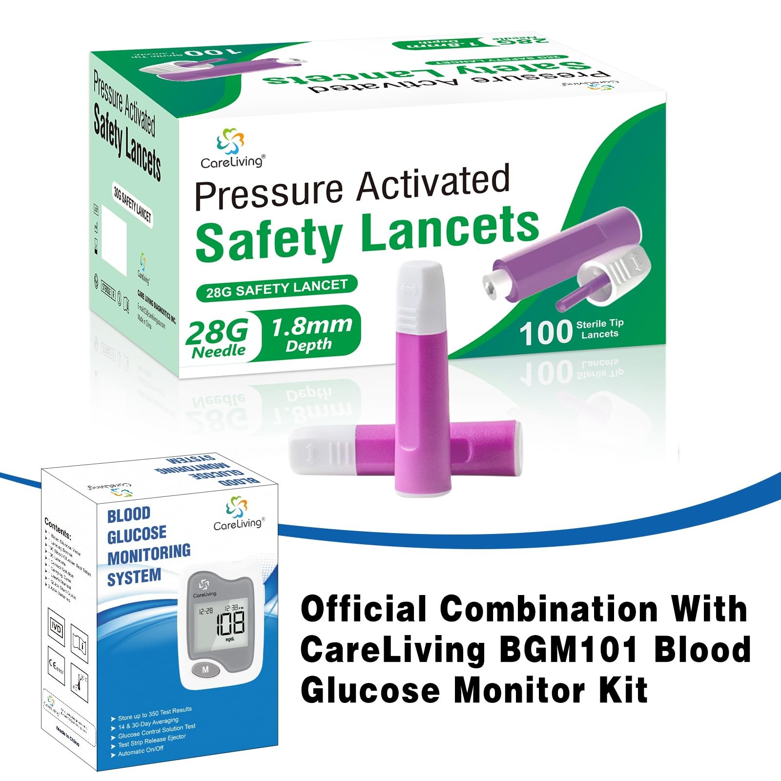 CARELIVING Safety Lancets, 100 Count Sterile, Pressure Activated 28 G, Gray