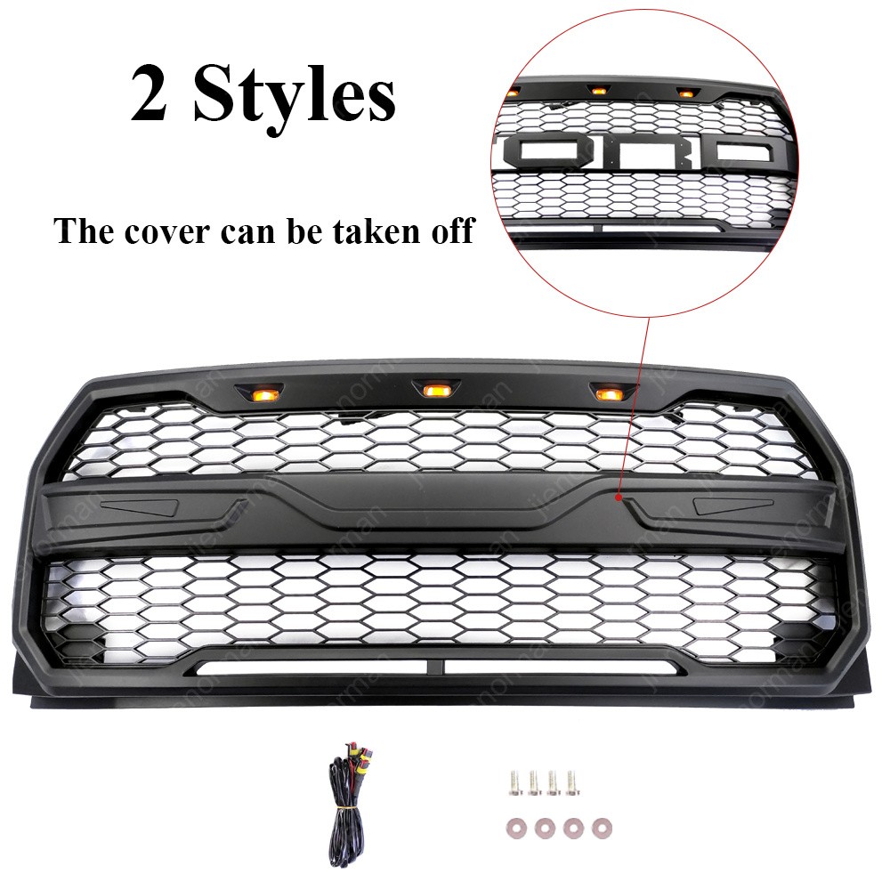 For 2015-2017 Ford F150 Grille Raptor style Front Bumper Grill W/LED Matte Black