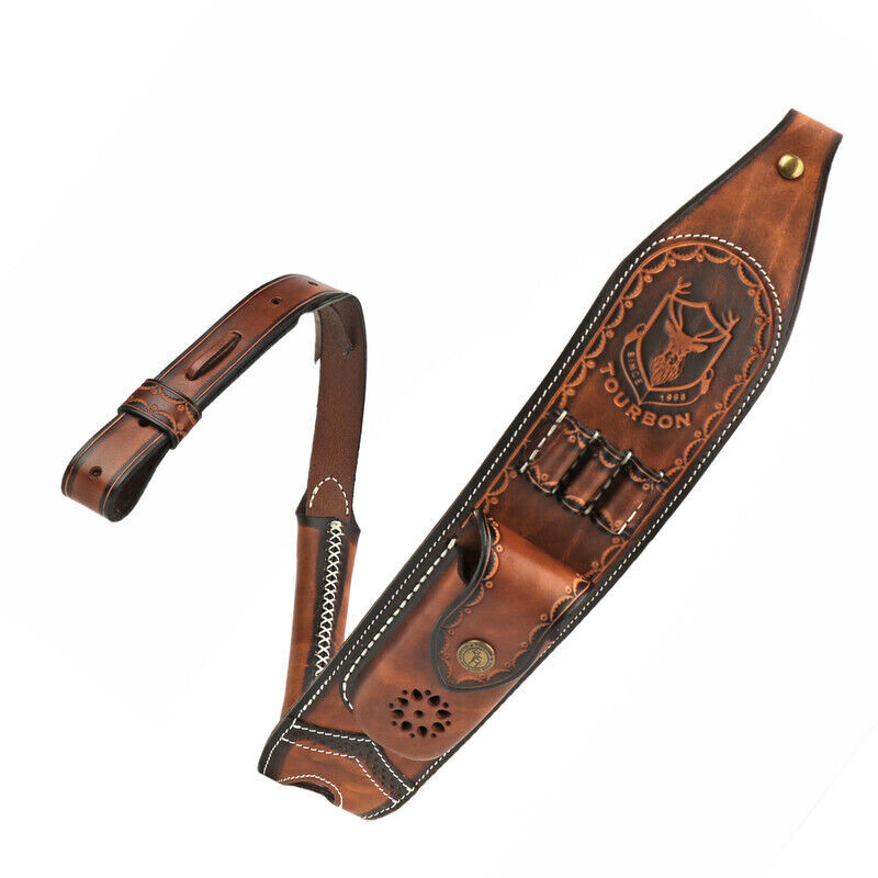 Tourbon Retro Leather Rifle Sling Gun Ammo Carrying Strap w/Knife Sheath Pocket