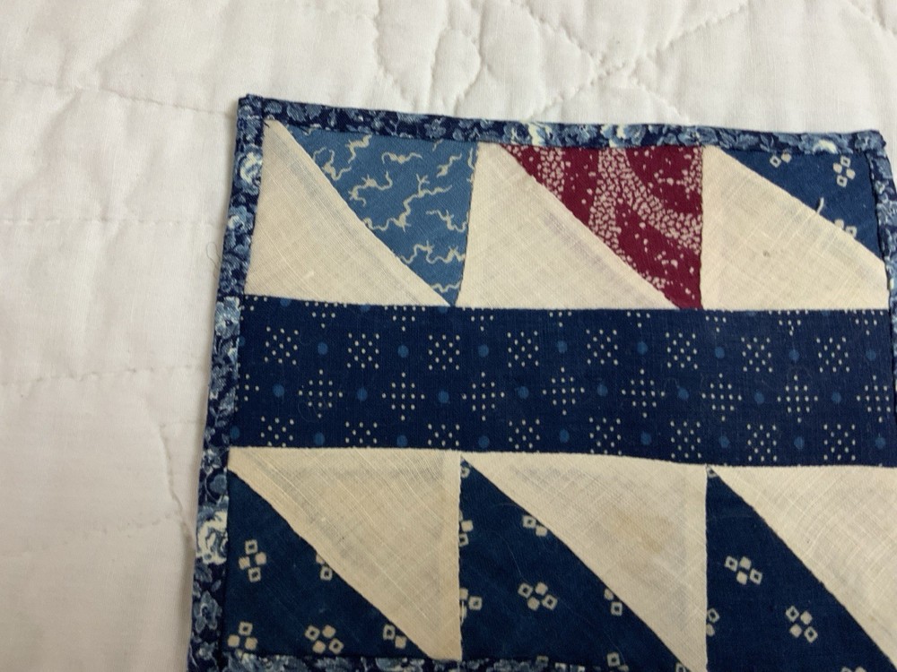 Antique Patchwork Quilt Table Topper, Early Calico Prints, Triangles, Navy, Blue