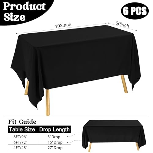 Pack Rectangle Table Cloth Bulk Washable Polyester 60inch x 102inch 6 Black