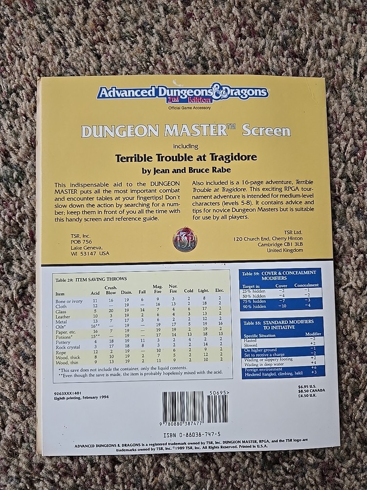 Advanced Dungeons & Dragons: 2nd Ed. Dungeon Master’s Screen 1994 ☆ Authentic ☆