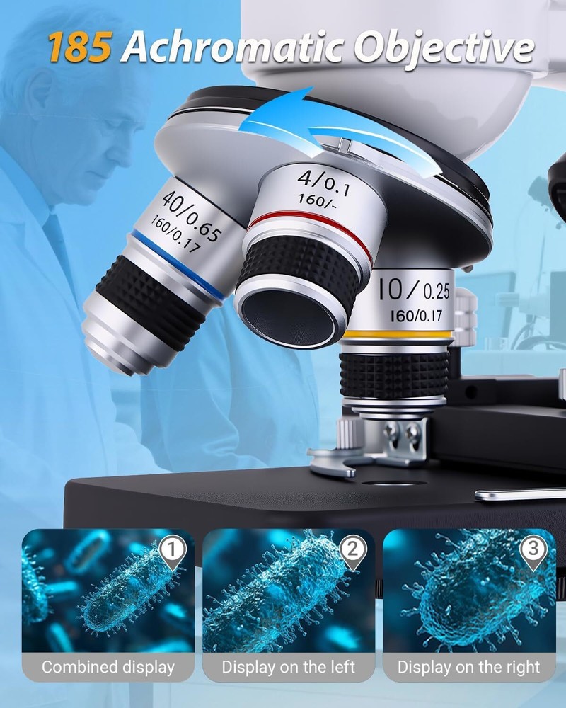 Compound Microscope, 2000x Magnification, with Smartphone Adapter, Slide Set, Du