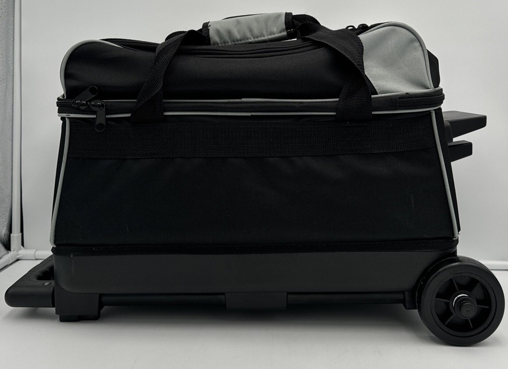 Elite Basic Double Roller 2 Ball Bowling Bag w/ Wheels, Large Top Pocket - Black