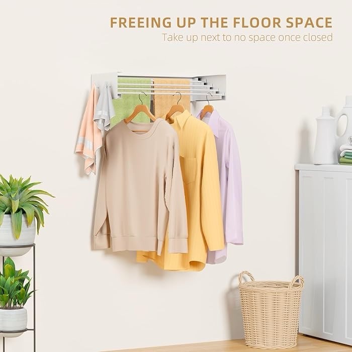 Small Wall Mounted Drying Rack with 4 Hooks, 23.6" Compact Foldable Laundry Rack