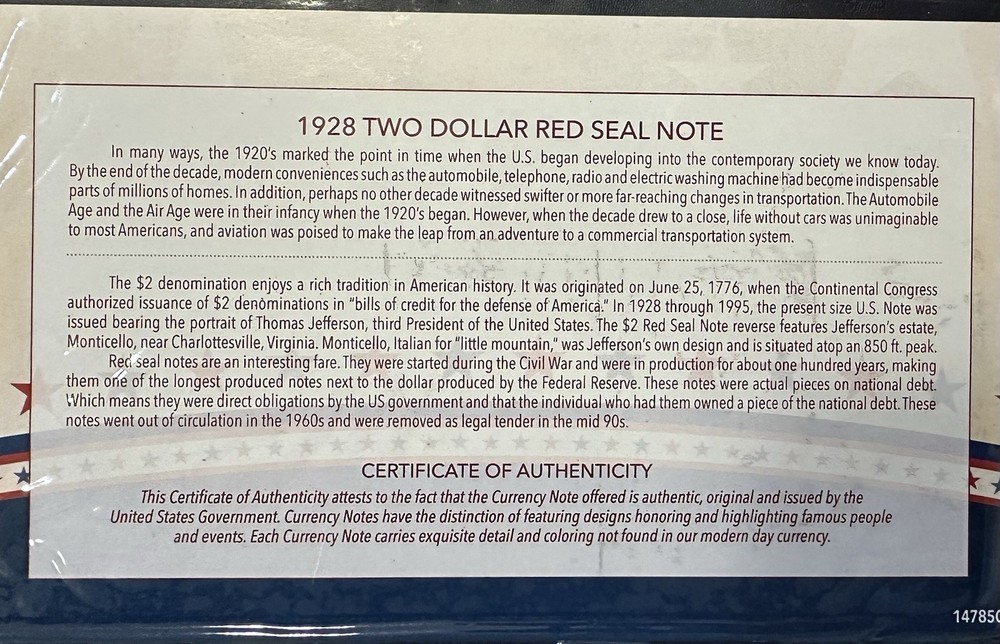 1928 Two Dollar Red Seal Note E01372469A