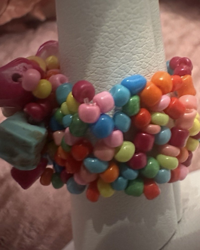 Multicolor Beaded Cocktail Ring Art Asymmetrical Design Stretchy - one size