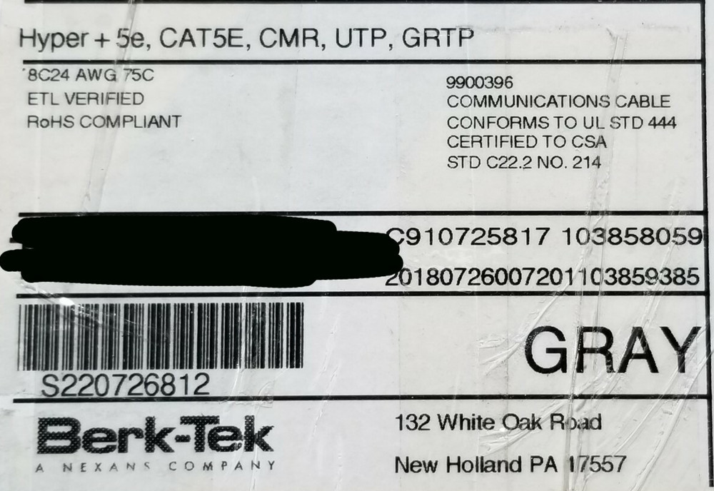 Berk-Tek 24/4P HyperPlus Cat5E Riser U/UTP Network Cable Gray /100ft