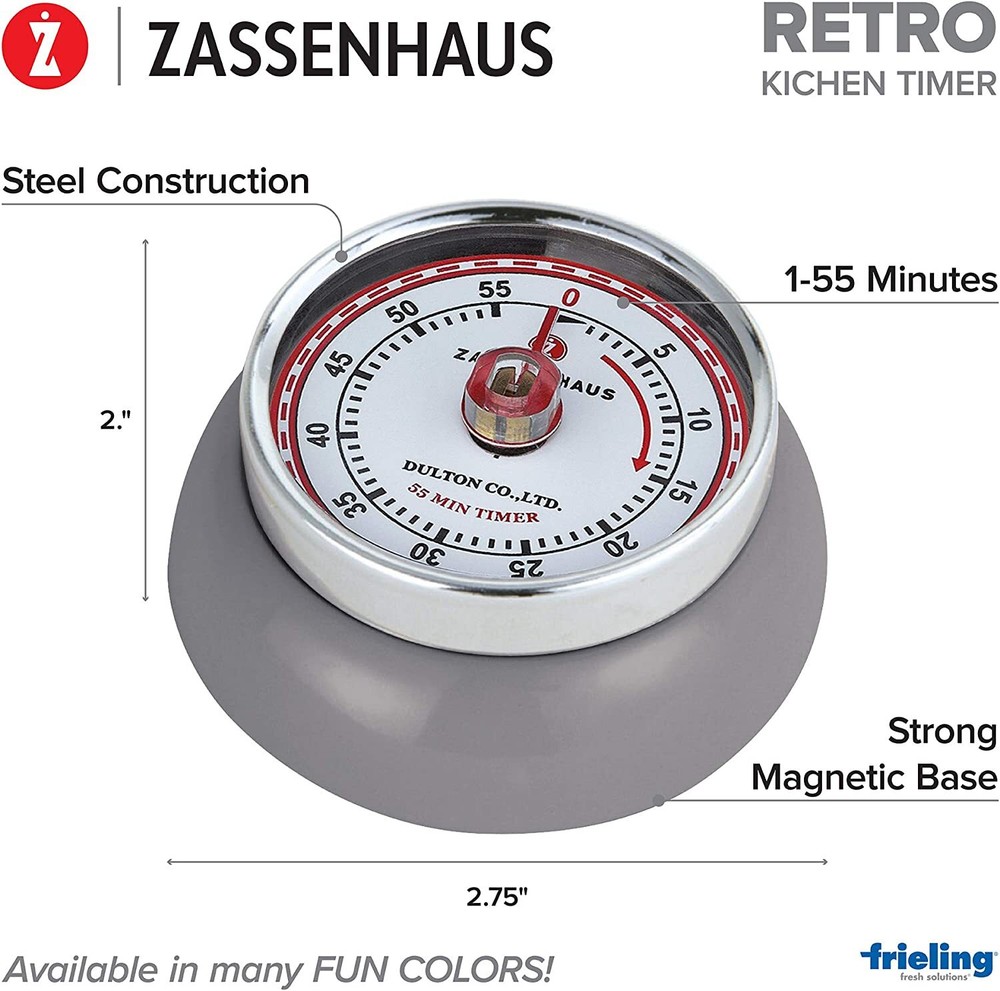 Zassenhaus Magnetic Retro Kitchen Timer, Cool Gray