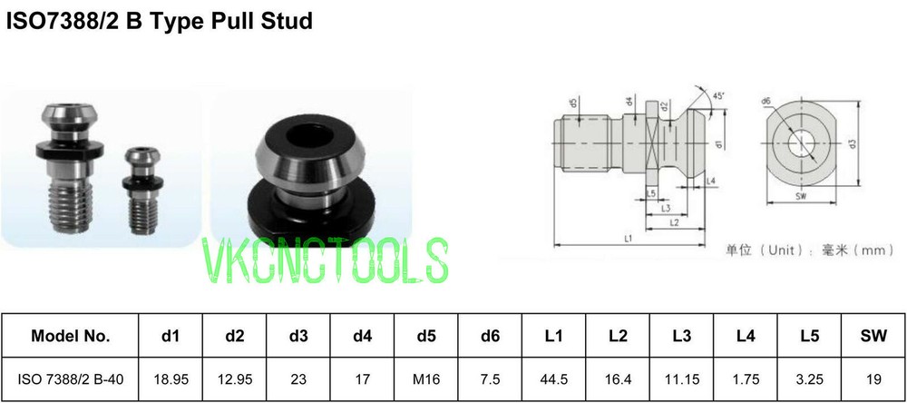 10PCS ISO7388/2-40B Pull Stud M16 Retention Knobs 45Deg. Coolant 44.5MM Length
