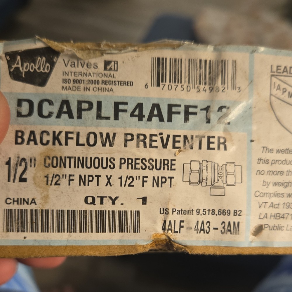 Apollo DCAPLF4AFF12 1/2 in Backflow Preventer Manual Valve for Water